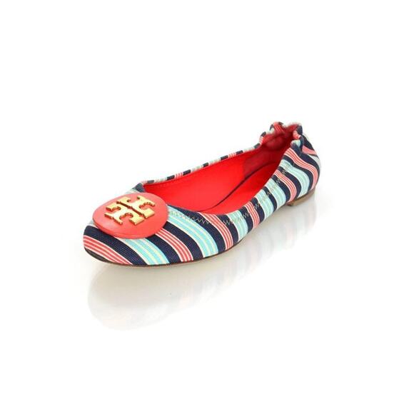 Tory Burch Stripe Reva Ballet Flats - 11 - Bauer Striped/Habanero Pepper - Picture 1 of 3